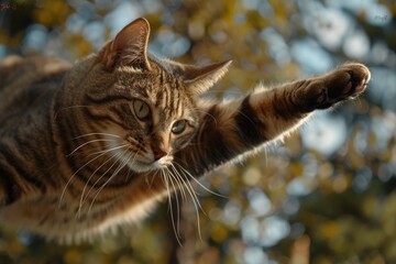 A close-up shot of a cat stretching its paw in mid-air, with a calm and relaxed expression