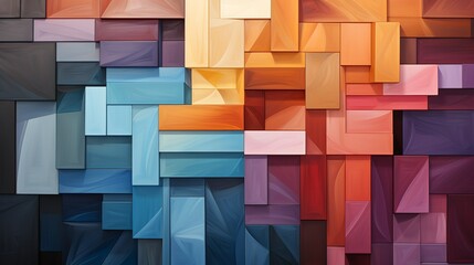 Collage of geometric shapes arranged in a chaotic yet harmonious composition, showcasing the beauty of randomness. Painting Illustration style, Minimal and Simple,