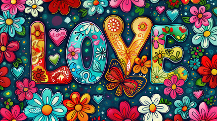 The word LOVE in a bold colorful 1960s psychedelic. inscription love of flowers on a black background
