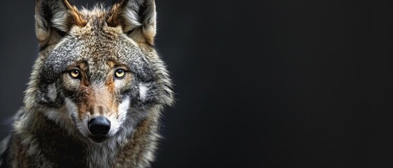 Close-up portrait of a fierce wolf with piercing eyes, set against a dark background. Capturing the wild beauty and intensity of this majestic animal.