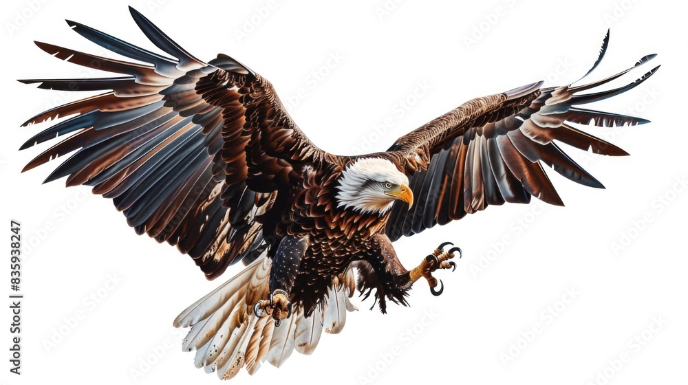 Poster a bald eagle soaring through the air with its wings spread, great for use as a symbol of freedom and