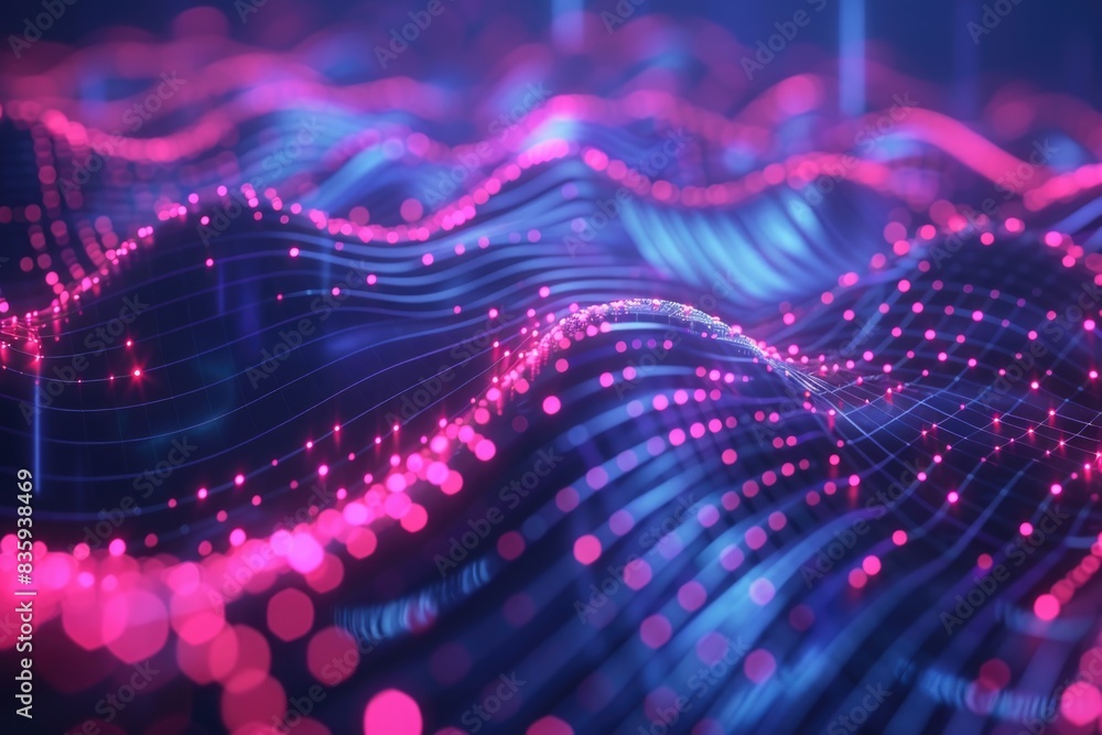 Poster a digital illustration of a wave made up of pink lights, suitable for use in futuristic or technolog