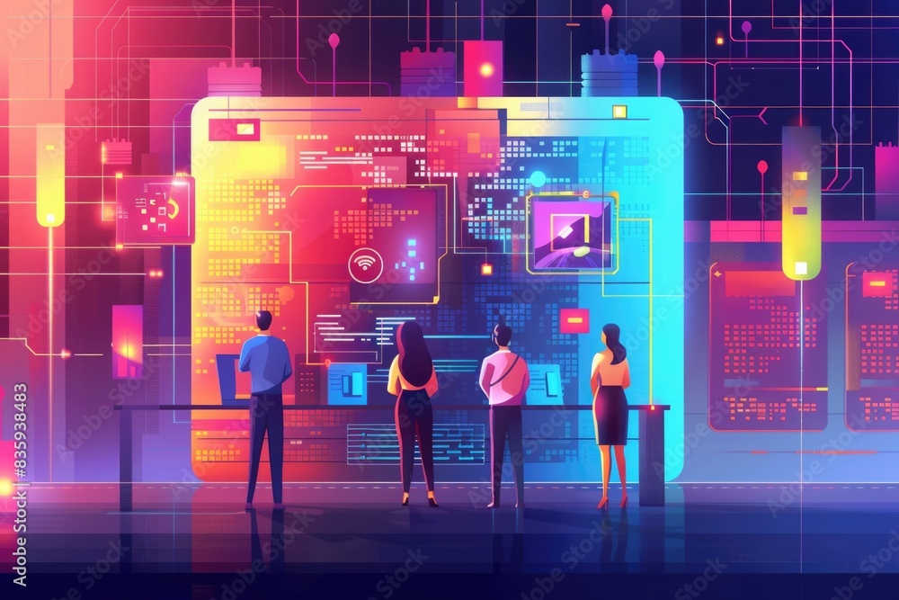Poster People gathered around a computer monitor, ideal for tech-related concepts or digital communication