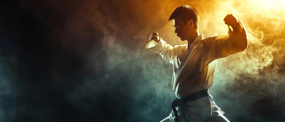 Obraz premium Martial artist in action, performing a powerful punch, enveloped in dramatic lighting and smoke, showcasing intense focus and discipline.