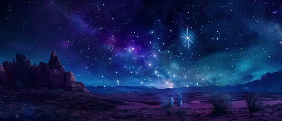 Nativity Of Jesus With Comet Star - Landscape With The Holy Family In Desert at Night And Starry Sky - Abstract Defocused Background