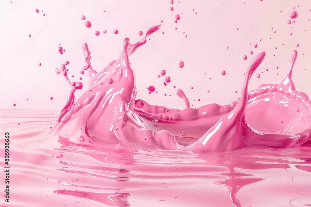 Poster a pink liquid splashing on the surface of a body of water, creating ripples and waves
