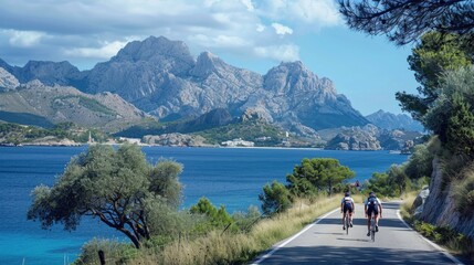 A compact description about people riding bikes down a road