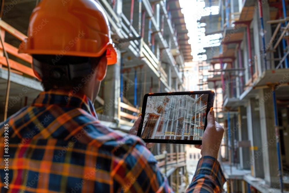 Poster a worker wearing a hard hat holds a tablet computer, suitable for use in construction or industrial 