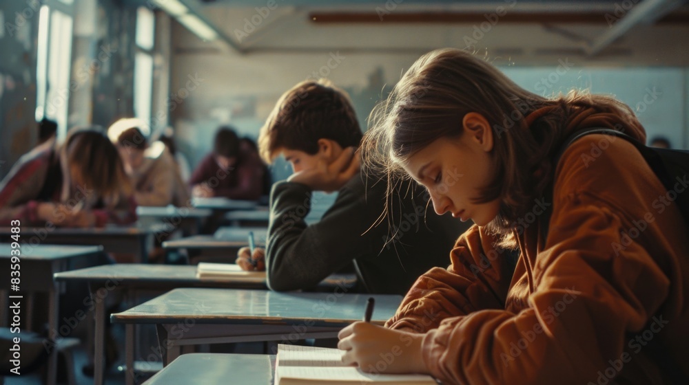 Aufkleber Group of students seated at desks in a classroom, ideal for education or study-related concepts