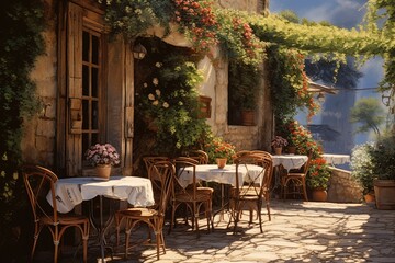 Cafe Terrace in Provence: Coffee and croissants on a charming terrace in the French countryside.