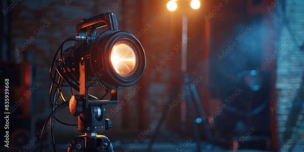 Poster a camera with a light shining into a dark room, ideal for use in photography, lighting, or technolog