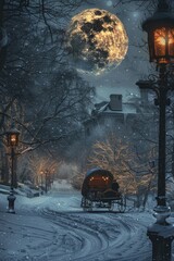 A horse-drawn carriage travels down a snowy road, a classic winter scene