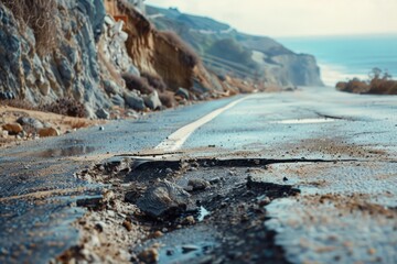 A worn-out pothole on the side of a road, with a steep cliff edge in the background