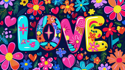 The word LOVE in a bold colorful 1960s psychedelic. inscription love of flowers on a black...