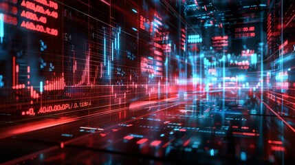 Futuristic digital data interface with red and blue lights, representing technology, cybersecurity, and data analysis.