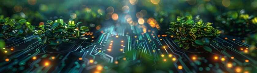 Close-up of a green circuit board with microchips and LED lights, resembling a futuristic cityscape infused with nature.