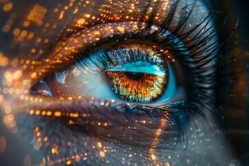 Closeup of a human eye with digital technology overlay, illustrating the intersection of biology and tech innovation in vibrant colors.