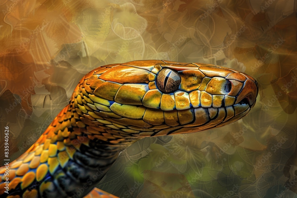 Poster a close-up shot of a snake's head with a blurred background, ideal for use in scientific or educatio
