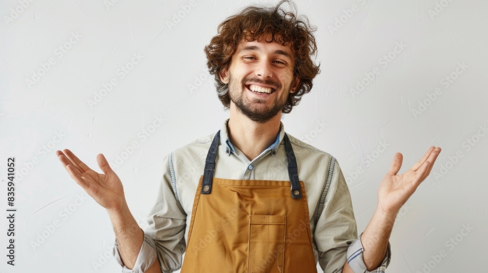 Poster a person wearing an apron makes a humorous expression, suitable for use in illustrations or as a sta