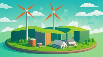 A stylized illustration of a modern, sustainable city featuring wind turbines and green buildings, highlighting eco-friendly and renewable energy innovations