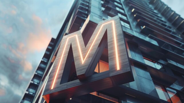 A tall building with a prominent neon 'M' sign, suitable for use in urban landscapes or as a backdrop for events