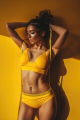 A woman posing in a yellow bikini, perfect for swimwear or beach-themed photoshoots