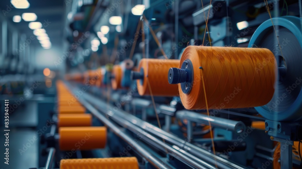 Poster industrial setting with machinery and orange spools, suitable for use in manufacturing or production