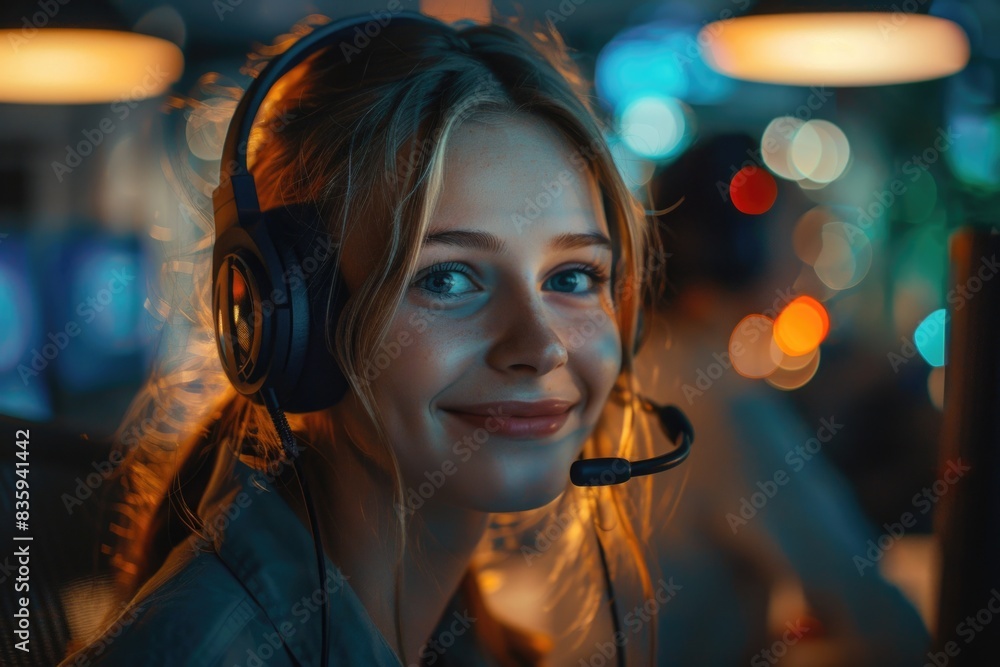 Poster woman using headset and sitting in front of a computer, suitable for office or technology-related sc