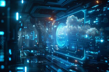 Futuristic data center with glowing blue interfaces and cloud computing visuals, representing advanced technology and digital innovation.