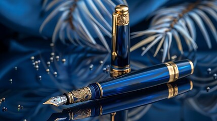 Naklejka premium Cerulean ambiance accentuating a classic fountain pen, evoking a sense of timeless elegance and refined craftsmanship.
