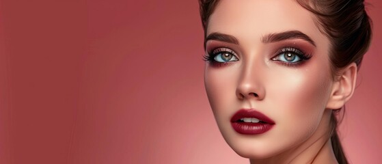 Portrait of a woman with elegant makeup and red lipstick on a gradient red background, showcasing beauty and glamour.