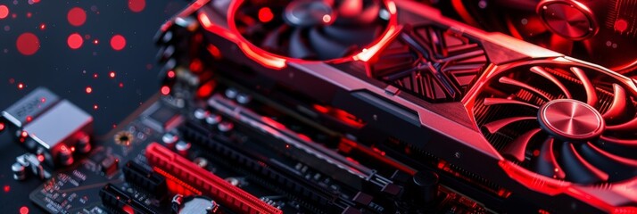 Commercial wide banner showcasing a cutting-edge graphics card hardware board setup, ideal for gaming PCs crypto mining rigs, with generous copy space for marketing messages