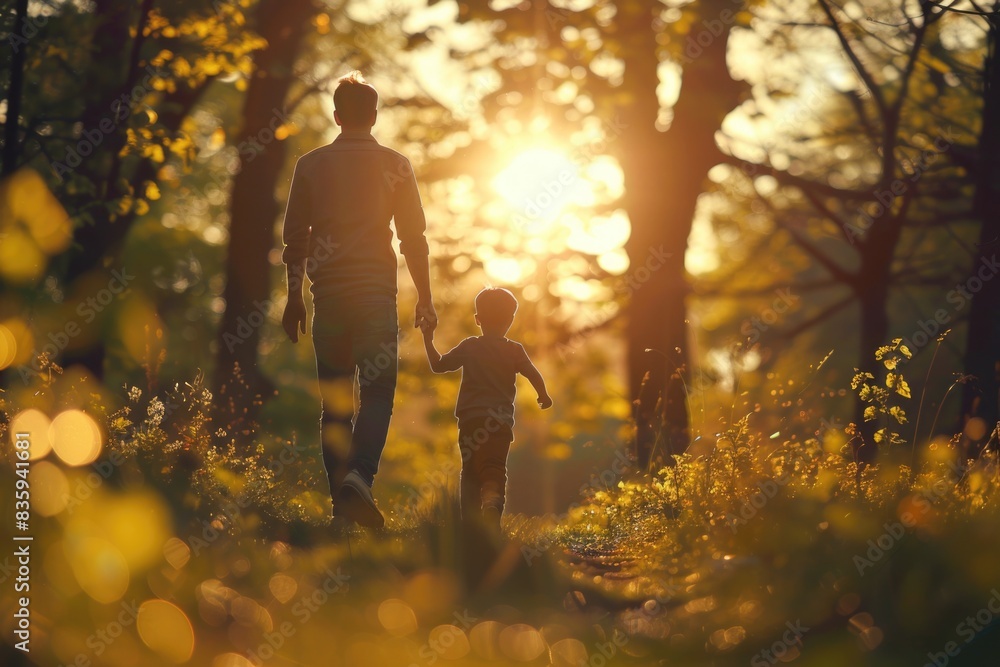 Poster a man and a child walking together in a dense forest, possibly on an adventure or exploring nature