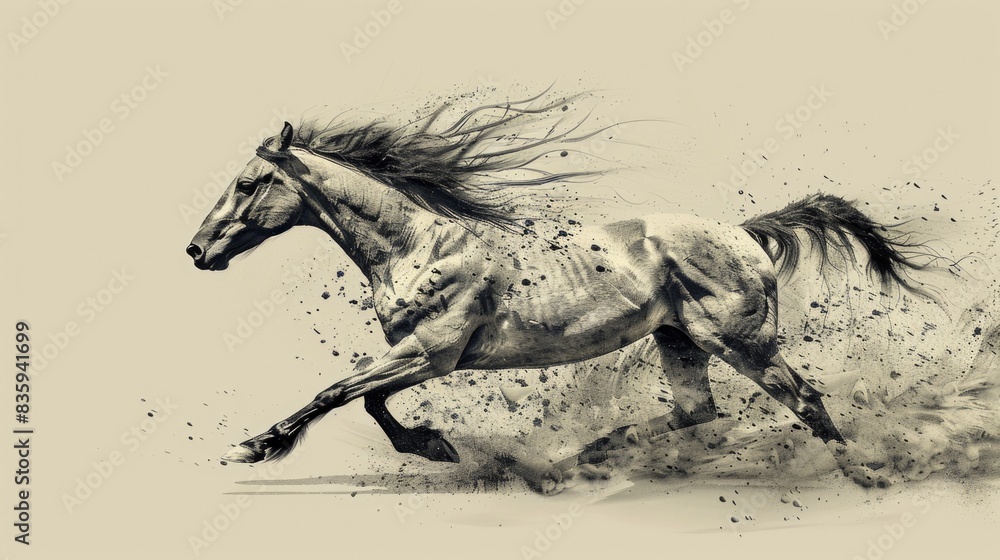 Poster a black and white photo of a horse running freely in the open field