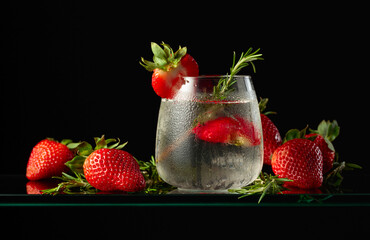 Cocktail gin tonic with ice, strawberries, and rosemary.