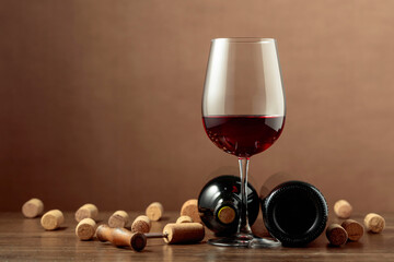 Red wine and wine corks.