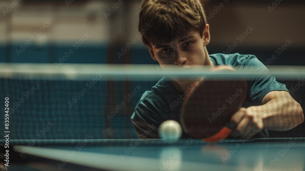 Poster a young man in action, playing ping pong on a table