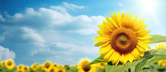 A flower of a sunflower blossoms on a field of sunflowers on a sunny day. Creative banner. Copyspace image © HN Works