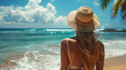 Fototapeta premium Young woman in a hat on the beach looking at the endless crystal clear blue sea from behind. Summer vacation concept.