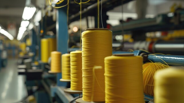 Yellow thread spools on a factory floor, ready for use - Powered by Adobe