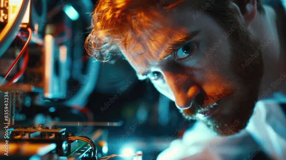 Poster a person operating machinery in a dimly lit space, suitable for use in technology or industry contex