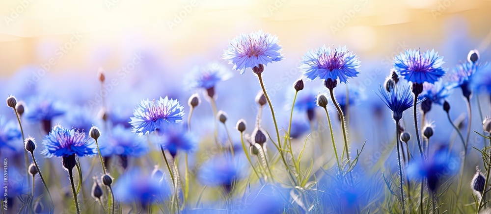 Poster cornflowers in the field soft focus shallow depth of field. creative banner. copyspace image