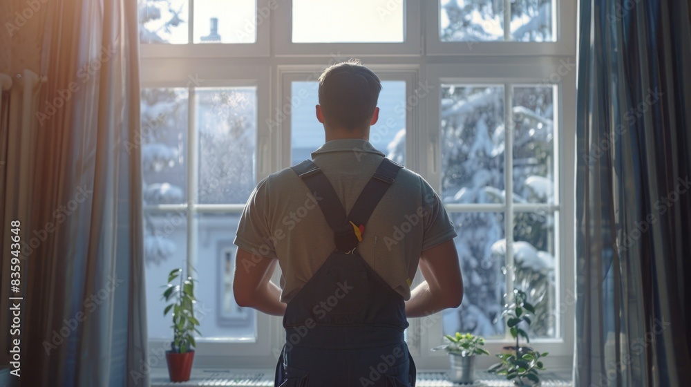 Poster a person stands in front of a window, gazing out at the view