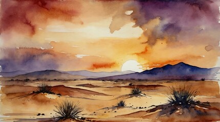yellow desert sunset in watercolor, mountains in background with the warm glow of dusk, creating a mesmerizing vista of nature's tranquility