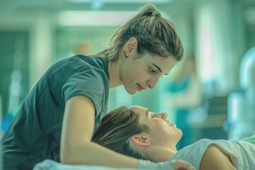 Two women lying together in a hospital bed, possibly friends or family members