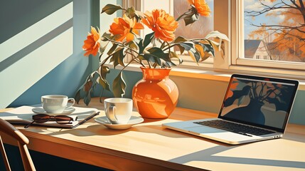 Sunlight streaming through large windows onto a minimalist desk setup, inspiring productivity and creativity. Painting Illustration style, Minimal and Simple,
