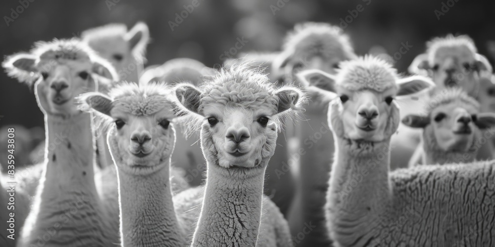 Poster a group of sheep standing side by side in a field, providing a peaceful scene for various uses