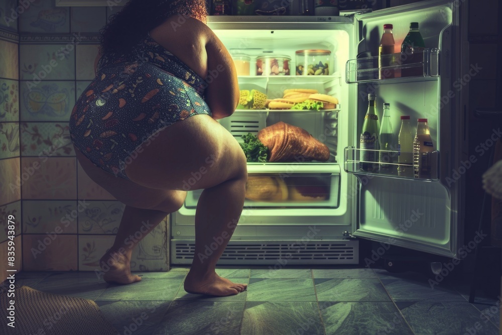 Poster a plus-sized woman stands in front of an open refrigerator, with food and drinks visible inside