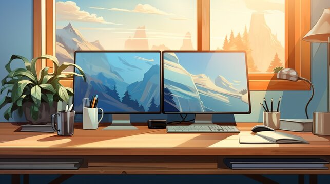 Dual monitor computer setup on a tidy desk, signaling technological proficiency and multitasking capabilities. Painting Illustration style, Minimal and Simple,