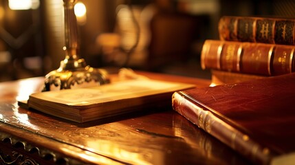 Traditional home office, close-up on mahogany desk with leather-bound books, soft focus, warm glow